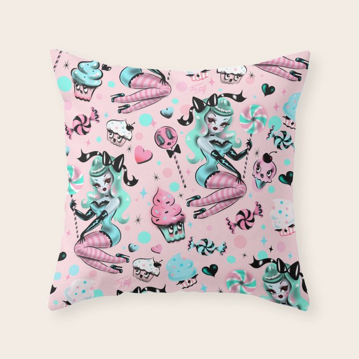 MInt Sugar Pinup Doll Pattern Throw Pillow Gallery Image 1