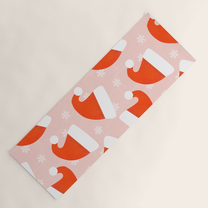 Red Santa Hats & Snowflakes on Linen Pink - Modern Festive Pattern Yoga Mat Gallery Image 1