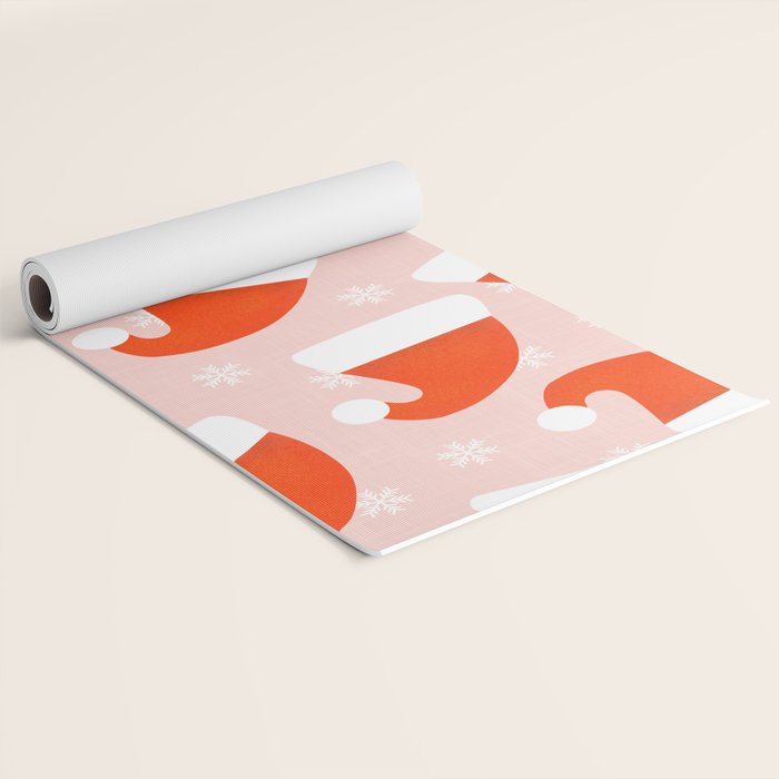 Red Santa Hats & Snowflakes on Linen Pink - Modern Festive Pattern Yoga Mat Gallery Image 2