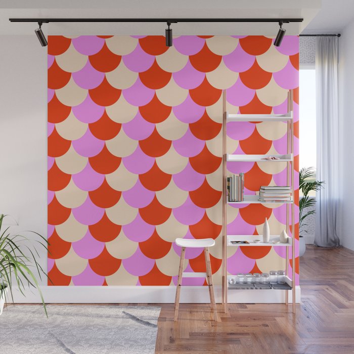 Scale Pattern / Art-deco - Pink, Red and Cream White Wall Mural Gallery Image 1