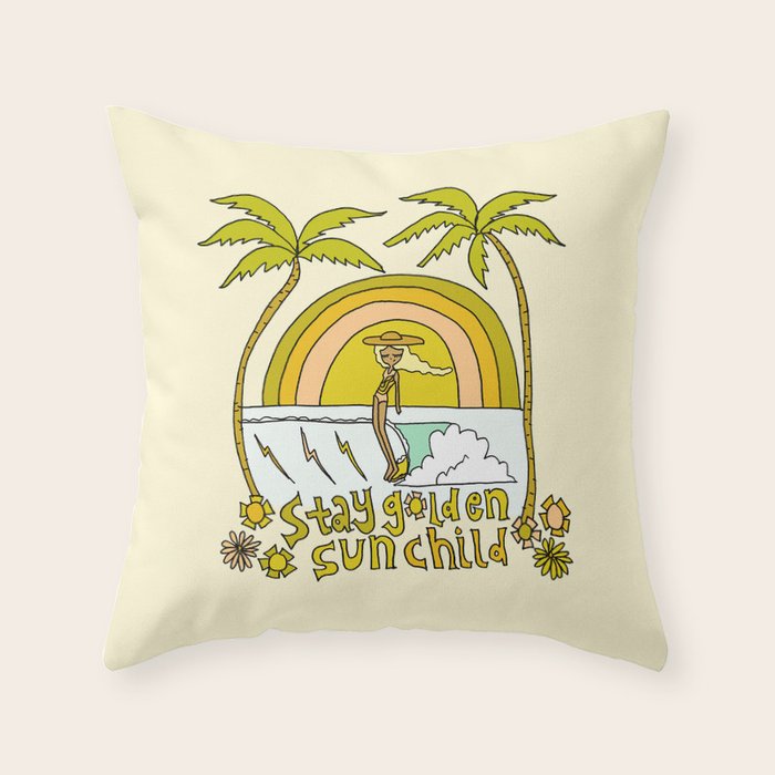 stay golden sun child //retro surf art by surfy birdy Throw Pillow Gallery Image 6