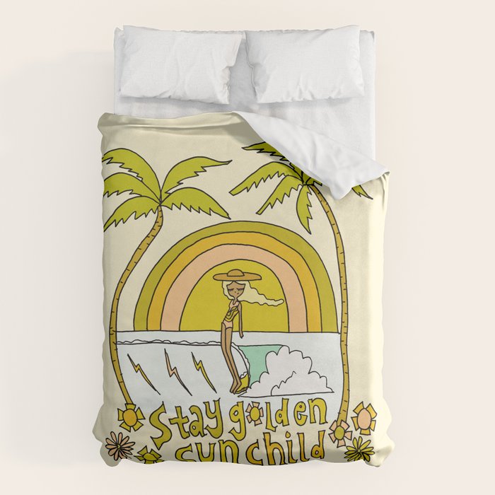 stay golden sun child //retro surf art by surfy birdy Duvet Cover Gallery Image 1