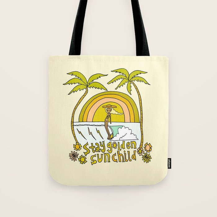 stay golden sun child //retro surf art by surfy birdy Tote Bag Gallery Image 1