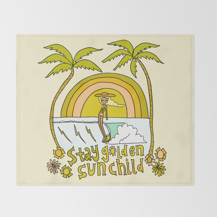 stay golden sun child //retro surf art by surfy birdy Throw Blanket Gallery Image 2
