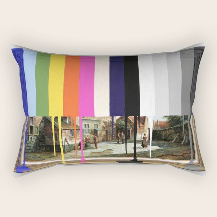 Garage Sale Painting of Peasants with Color Bars Rectangular Pillow Gallery Image 1