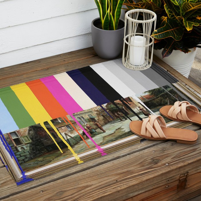Garage Sale Painting of Peasants with Color Bars Outdoor Rug Gallery Image 2