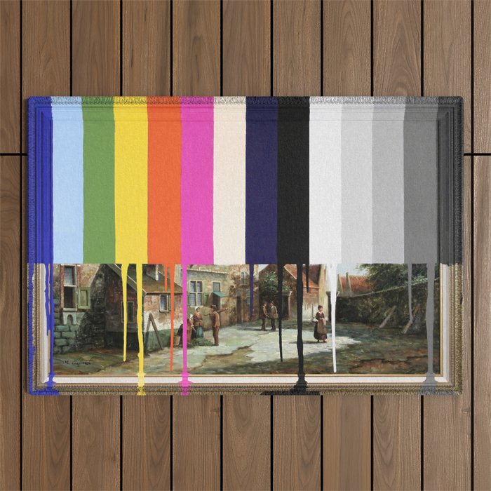 Garage Sale Painting of Peasants with Color Bars Outdoor Rug Gallery Image 1