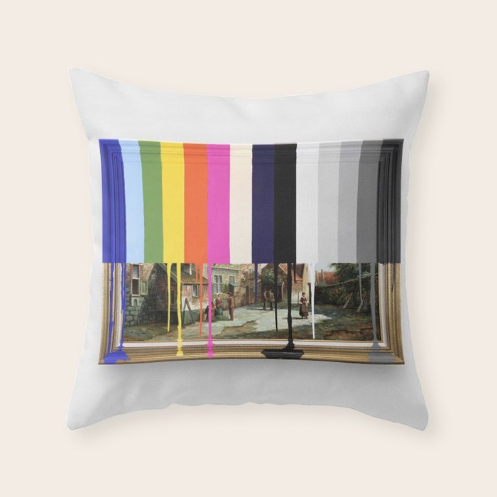 Garage Sale Painting of Peasants with Color Bars Throw Pillow Gallery Image 1