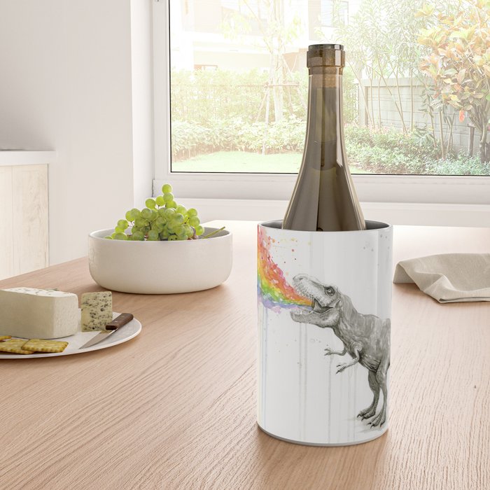 T-Rex Dinosaur Rainbow Puke Taste the Rainbow Watercolor Wine Chiller Gallery Image 4