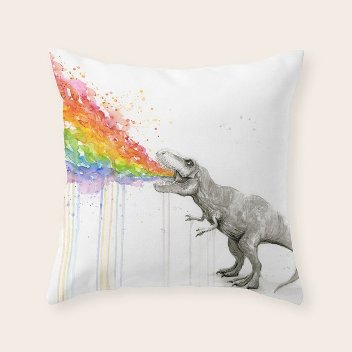 T-Rex Dinosaur Rainbow Puke Taste the Rainbow Watercolor Throw Pillow Gallery Image 1