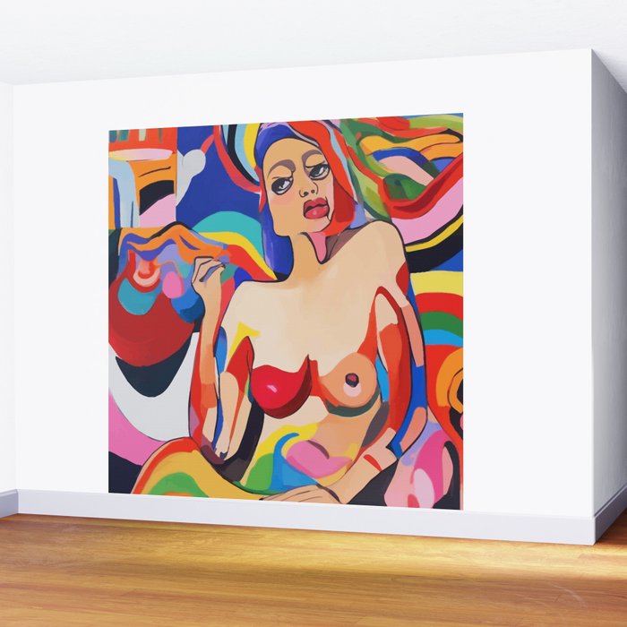 The Feminist, Women Rights Abstract Portrait Eclectic Painting, Modern Bohemian Brown Woman Nude Colorful Wall Mural Gallery Image 2