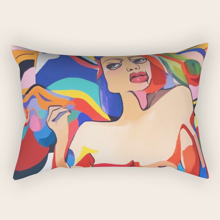 The Feminist, Women Rights Abstract Portrait Eclectic Painting, Modern Bohemian Brown Woman Nude Colorful Rectangular Pillow Gallery Image 2
