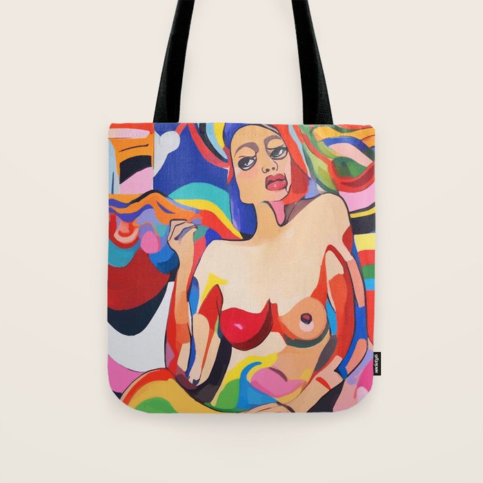 The Feminist, Women Rights Abstract Portrait Eclectic Painting, Modern Bohemian Brown Woman Nude Colorful Tote Bag Gallery Image 1