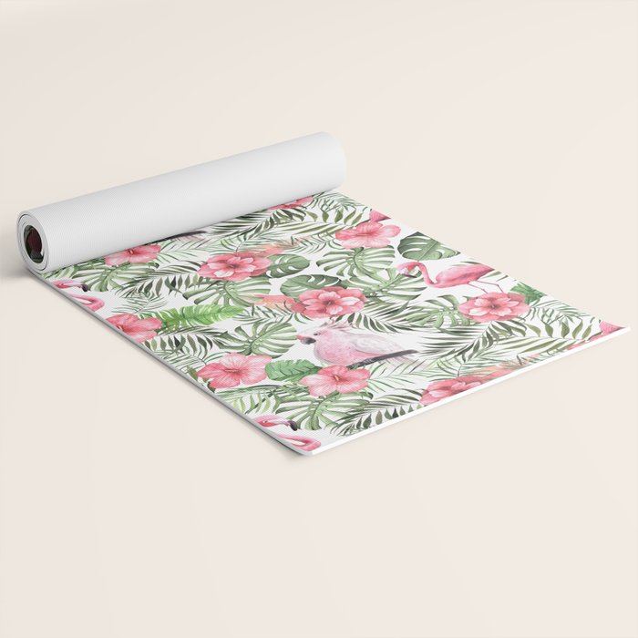 Watercolor Tropical Leaves Flowers Flamingo Cockatoo Yoga Mat Gallery Image 2