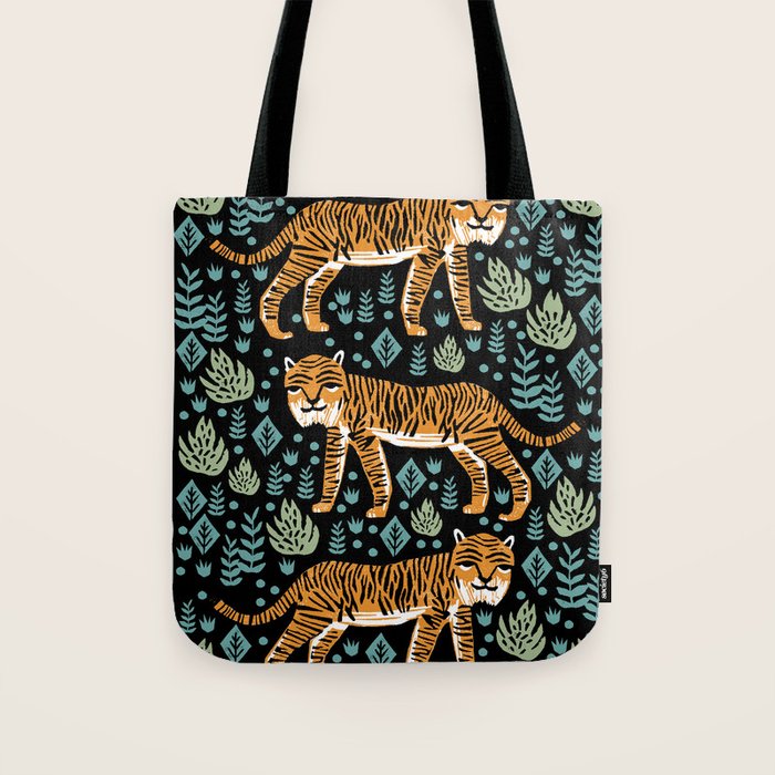 Tiger forest tropical tigers screen print art by andrea lauren Tote Bag Gallery Image 1