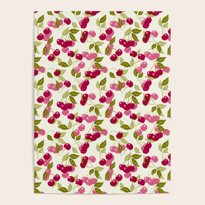 Ripe red and pink cherry berries retro rustic pattern Poster Gallery Image 4