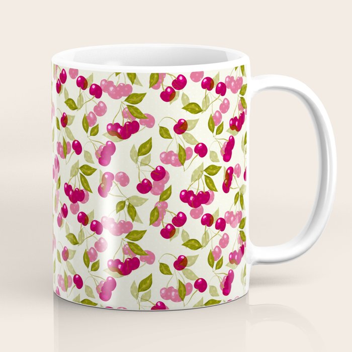 Ripe red and pink cherry berries retro rustic pattern Coffee Mug Gallery Image 1