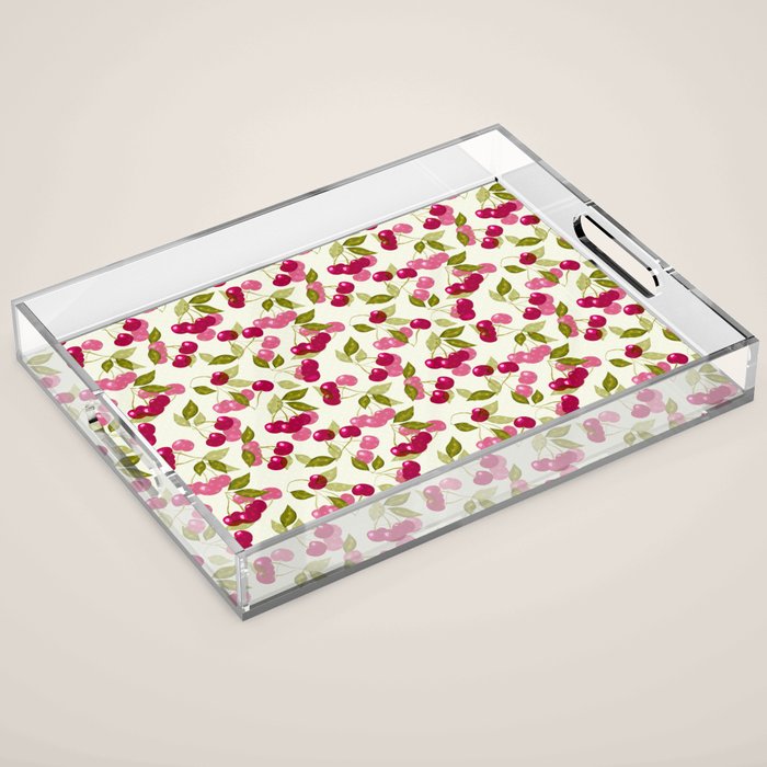 Ripe red and pink cherry berries retro rustic pattern Acrylic Tray Gallery Image 1