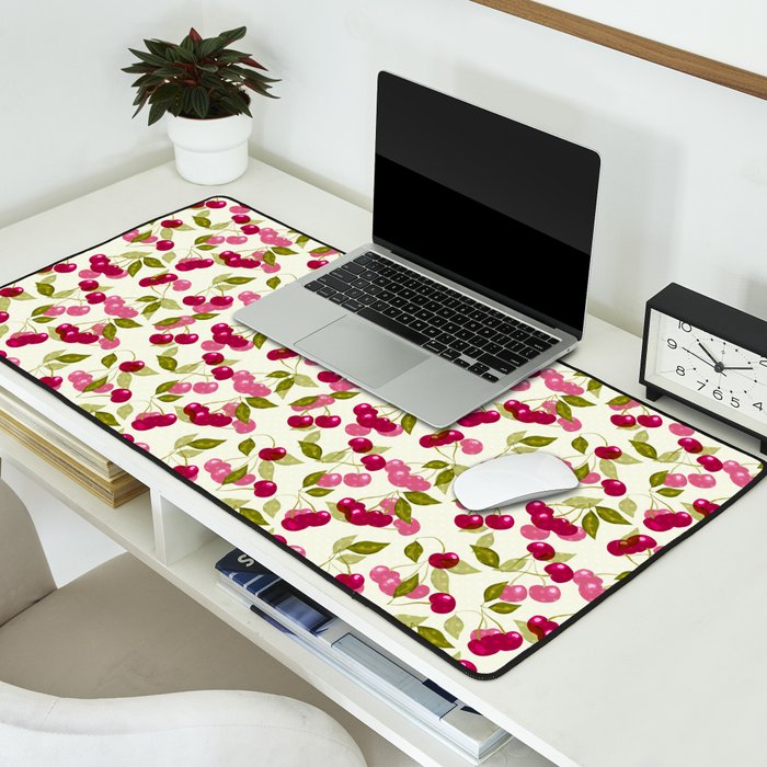 Ripe red and pink cherry berries retro rustic pattern Desk Mat Gallery Image 2