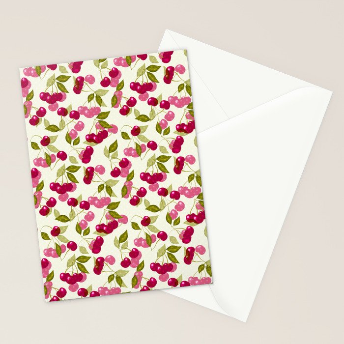 Ripe red and pink cherry berries retro rustic pattern Stationery Card Gallery Image 2