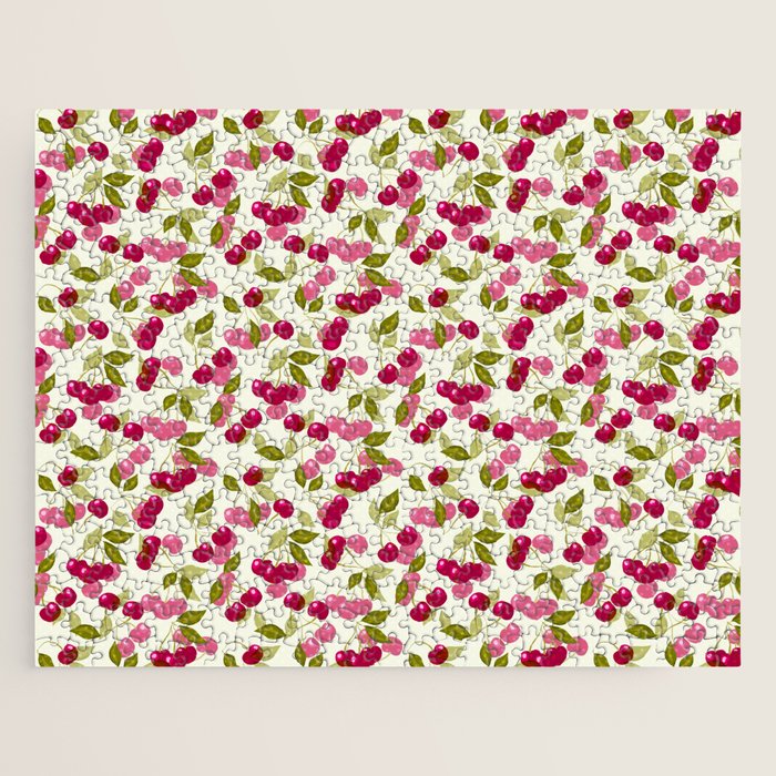 Ripe red and pink cherry berries retro rustic pattern Jigsaw Puzzle Gallery Image 1
