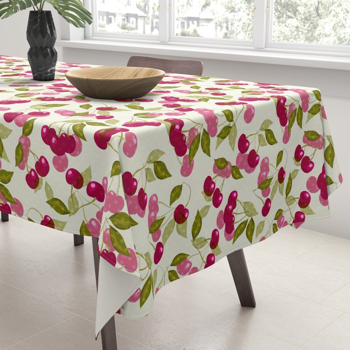 Ripe red and pink cherry berries retro rustic pattern Tablecloth Gallery Image 3