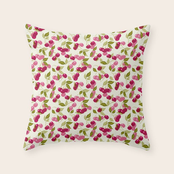 Ripe red and pink cherry berries retro rustic pattern Throw Pillow Gallery Image 6