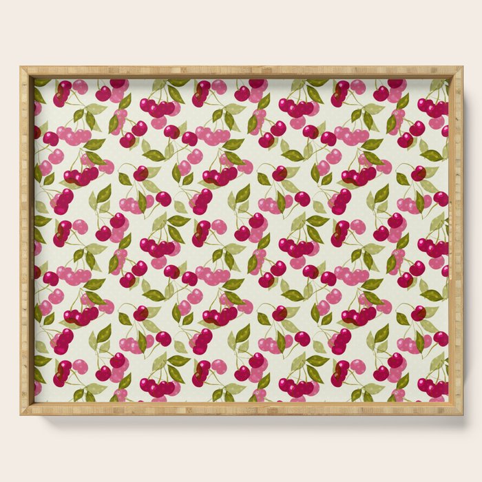 Ripe red and pink cherry berries retro rustic pattern Serving Tray Gallery Image 1
