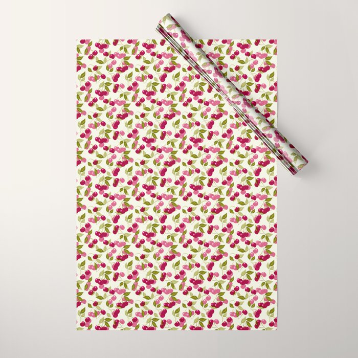 Ripe red and pink cherry berries retro rustic pattern Wrapping Paper Gallery Image 1