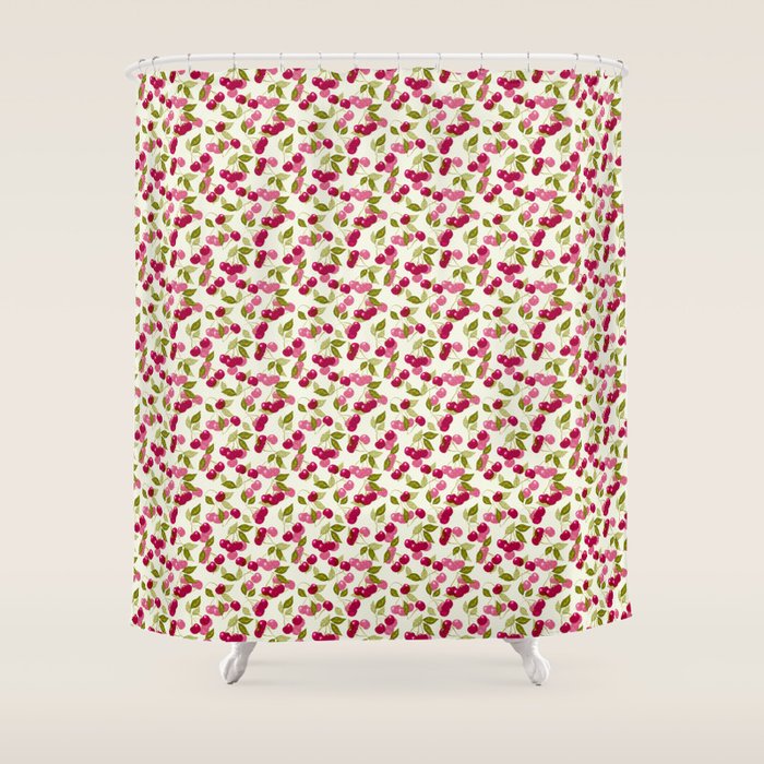 Ripe red and pink cherry berries retro rustic pattern Shower Curtain Gallery Image 1