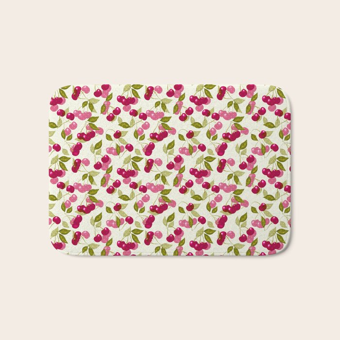 Ripe red and pink cherry berries retro rustic pattern Bath Mat Gallery Image 1