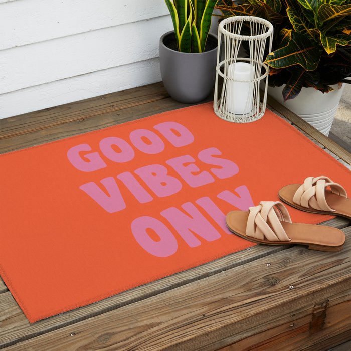 Retro Good Vibes Only Lettering in Pink and Orange Outdoor Rug Gallery Image 2