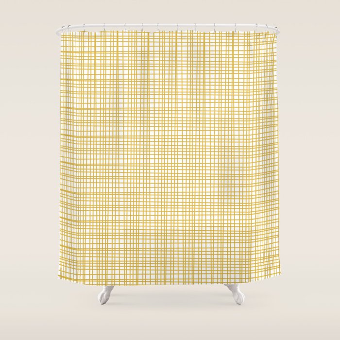 Fine Weave Minimalist Mid Century Modern Woven Pattern in Mustard Yellow and White Shower Curtain Gallery Image 1