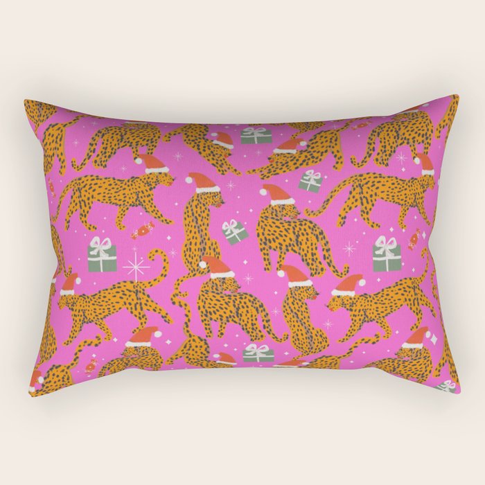 Fashionable cats with Christmas hats and gifts in fuchsia pink background  Rectangular Pillow Gallery Image 1