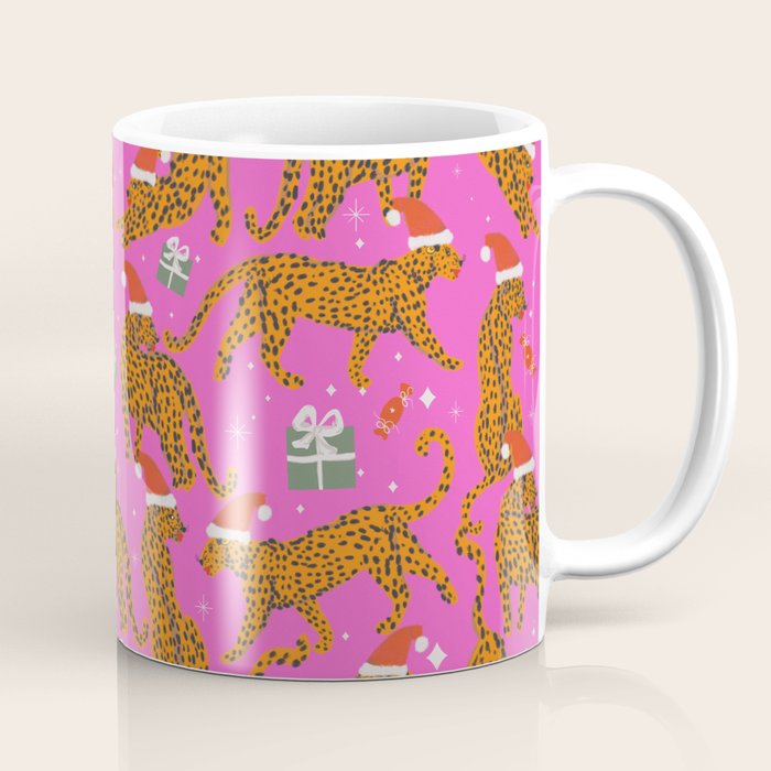 Fashionable cats with Christmas hats and gifts in fuchsia pink background  Coffee Mug Gallery Image 1