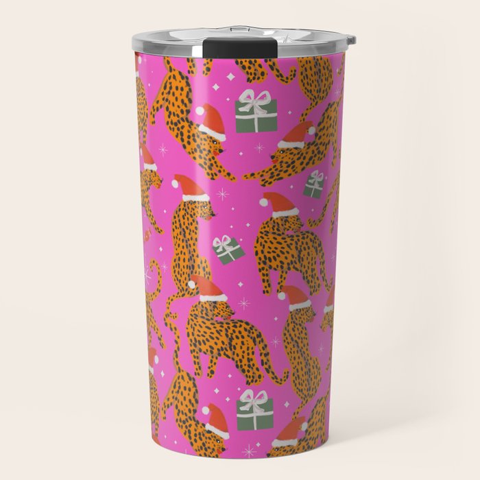 Fashionable cats with Christmas hats and gifts in fuchsia pink background  Travel Mug Gallery Image 1