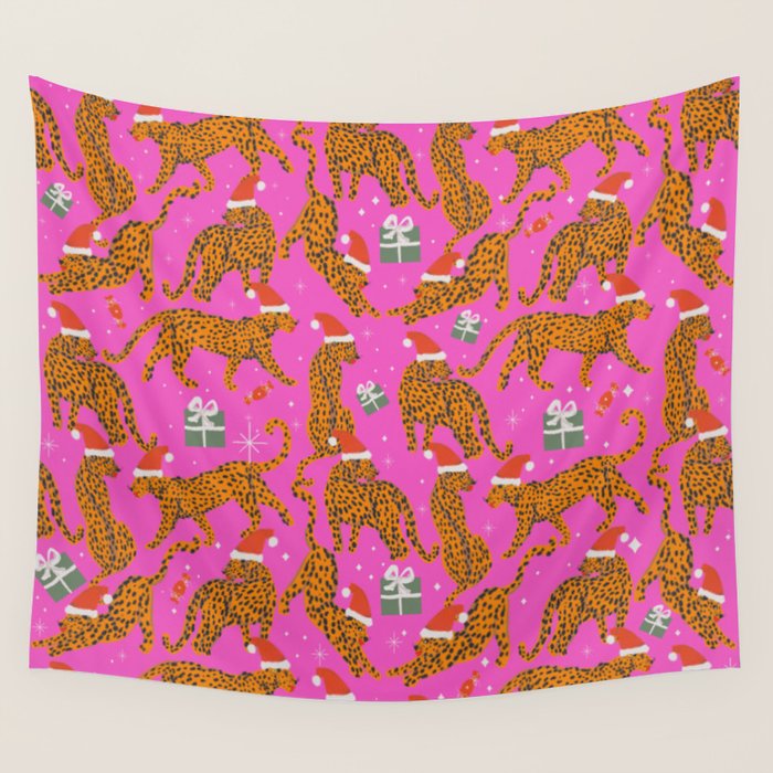 Fashionable cats with Christmas hats and gifts in fuchsia pink background  Wall Tapestry Gallery Image 1