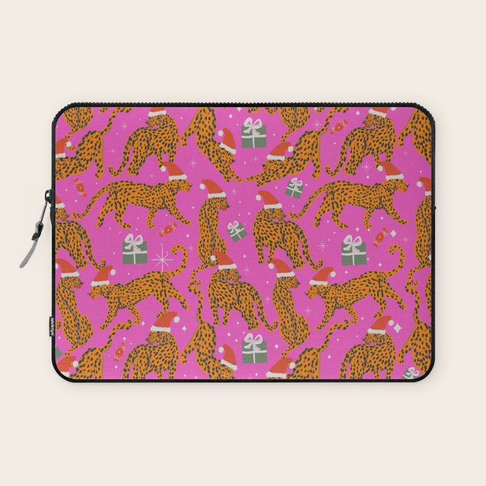 Fashionable cats with Christmas hats and gifts in fuchsia pink background  Laptop Sleeve Gallery Image 1