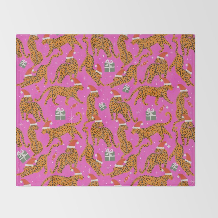 Fashionable cats with Christmas hats and gifts in fuchsia pink background  Throw Blanket Gallery Image 2