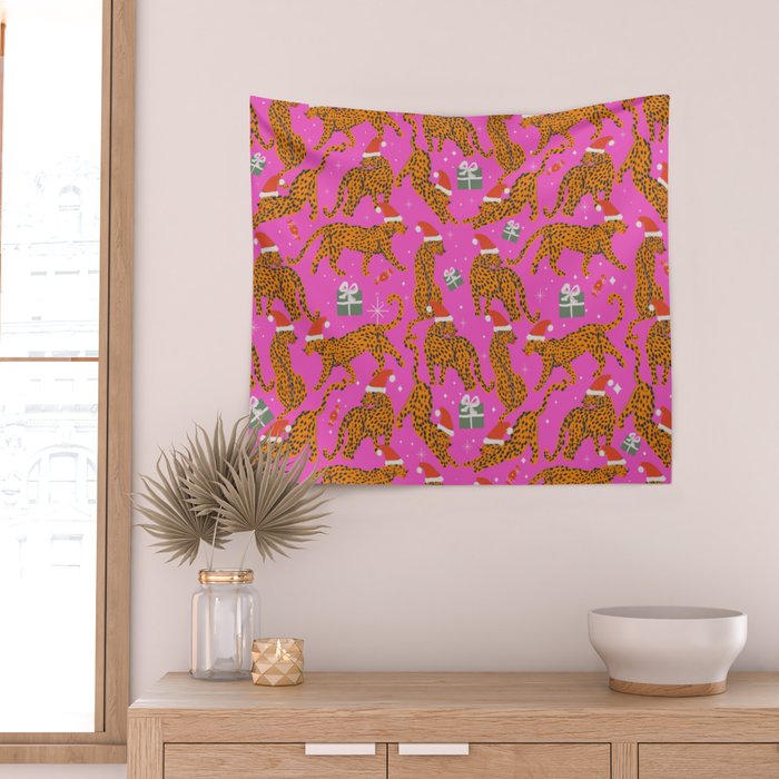 Fashionable cats with Christmas hats and gifts in fuchsia pink background  Wall Tapestry Gallery Image 2