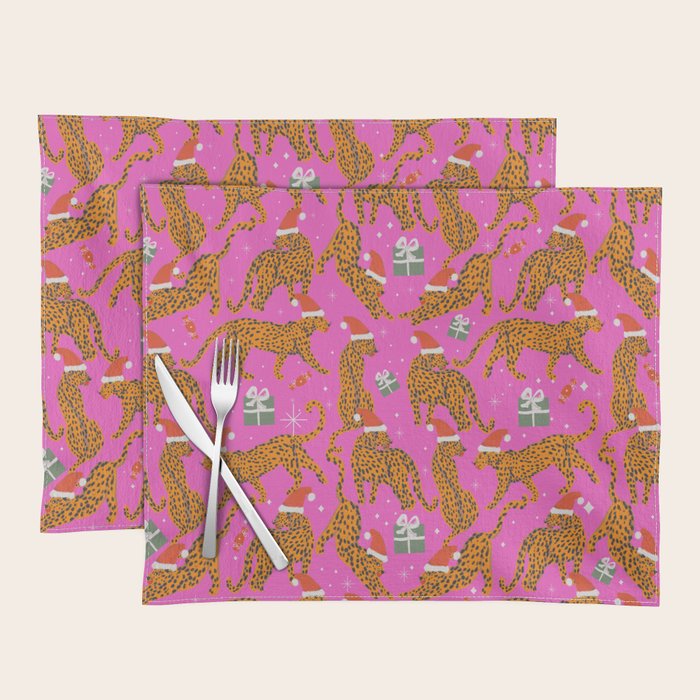 Fashionable cats with Christmas hats and gifts in fuchsia pink background  Placemat Gallery Image 1