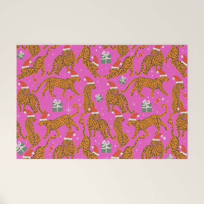 Fashionable cats with Christmas hats and gifts in fuchsia pink background  Welcome Mat Gallery Image 1