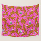 Fashionable cats with Christmas hats and gifts in fuchsia pink background  Wall Tapestry Gallery Image 4