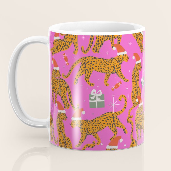 Fashionable cats with Christmas hats and gifts in fuchsia pink background  Coffee Mug Gallery Image 3