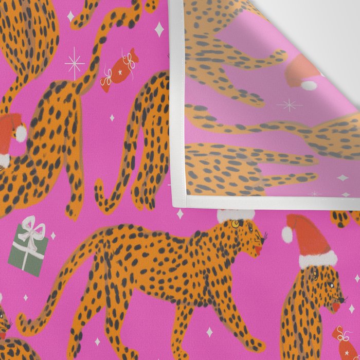 Fashionable cats with Christmas hats and gifts in fuchsia pink background  Wall Tapestry Gallery Image 3