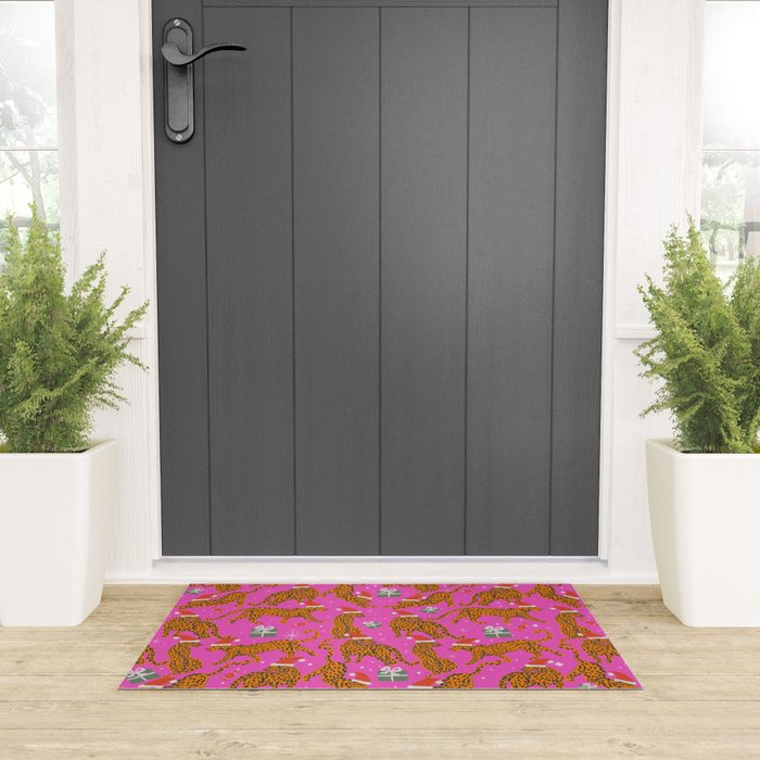 Fashionable cats with Christmas hats and gifts in fuchsia pink background  Welcome Mat Gallery Image 3