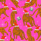 Fashionable cats with Christmas hats and gifts in fuchsia pink background  Coffee Mug Gallery Image 2