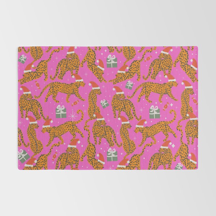 Fashionable cats with Christmas hats and gifts in fuchsia pink background  Rug Gallery Image 2