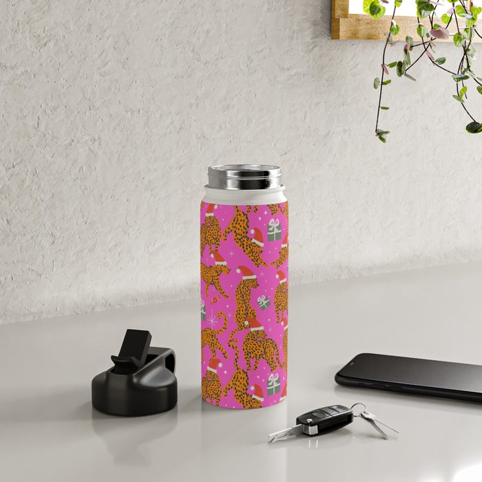 Fashionable cats with Christmas hats and gifts in fuchsia pink background  Water Bottle Gallery Image 4