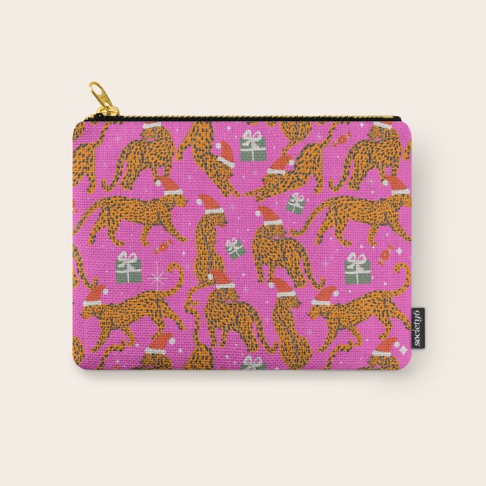 Fashionable cats with Christmas hats and gifts in fuchsia pink background  Carry All Pouch Gallery Image 1